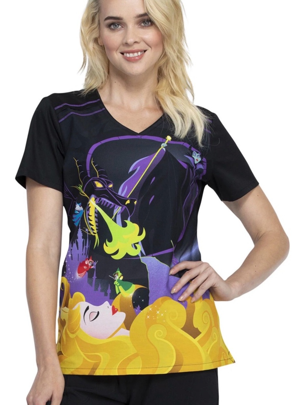 Disney Sleeping Beauty Women Scrub Top Sz XXS Black Stretch Maleficent Nursing